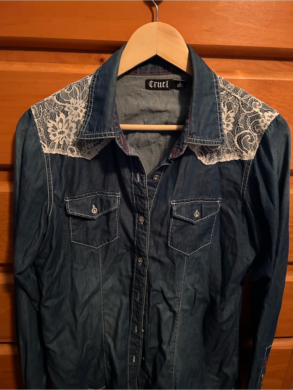 Women's Cruel Girl Denim Shirt with White Lace Shoulders